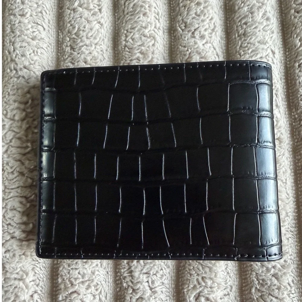 Michael Kors Mens Black Croc Embossed Leather Bifold Wallet Silver MK Logo